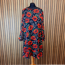 Wallis Dress Black Red Floral 18 Knee Length Long Sleeve Sheer Flare - New