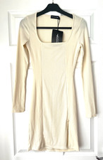 PrettyLittleThing Woman Rib Split Hem Bodycon Dress Square Neck Sleeved UK 6