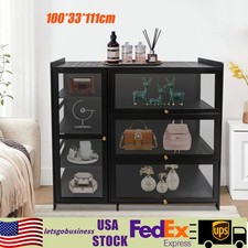 Bamboo Display Cabinet Storage Cabinet with Doors Black Showcase for Entryway