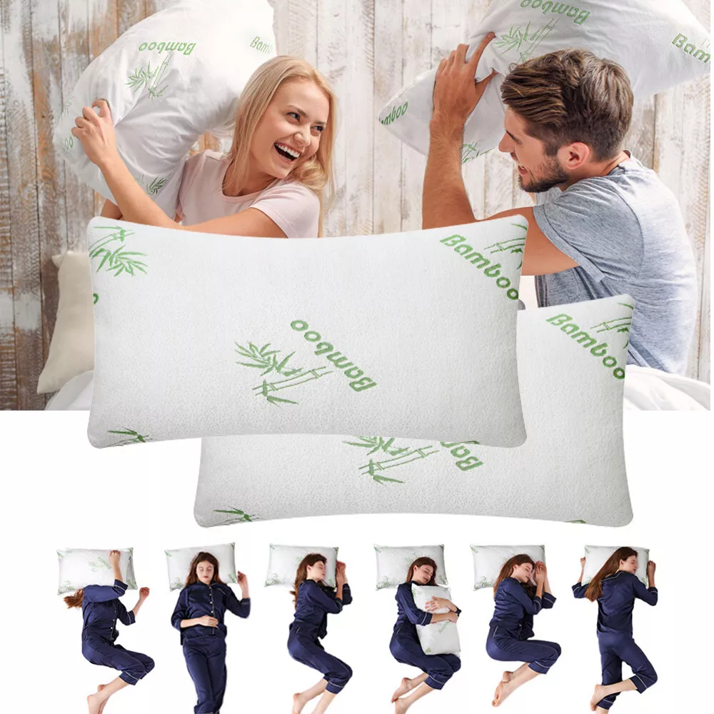 Bamboo Pillow Queen Size Shredded Memory Foam for Sleeping - Ultra Soft, Cool & Breathable Cover with Zipper Closure - Relieves Neck Pain, Snoring