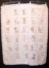 PRECIOUS MOMENTS Vintage Alphabet Infant Baby Quilt Blanket Ruffle Border