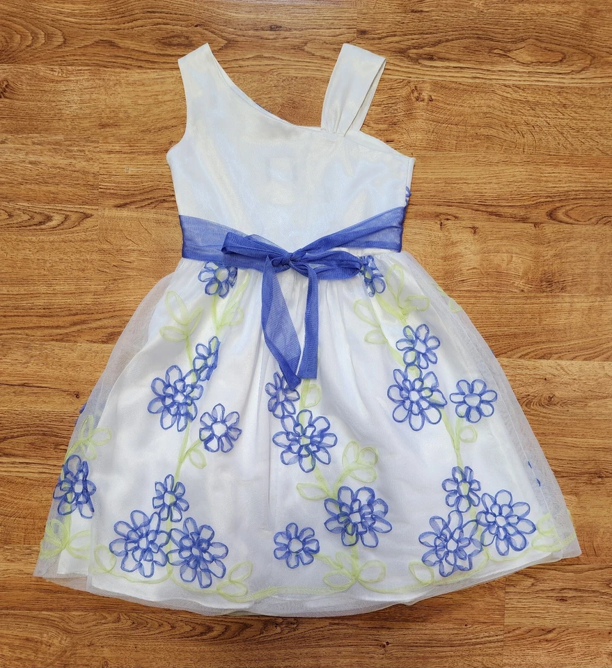 Lindo Vestido Ediciones Raras Para Niña Talla 10 Blanco y Periwinkle Floral Patrón Tule Foto 4 de 4