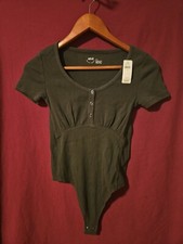 Aerie Dark Green Ribbed Knit Snap Closure Bodysuit Size Small NWT