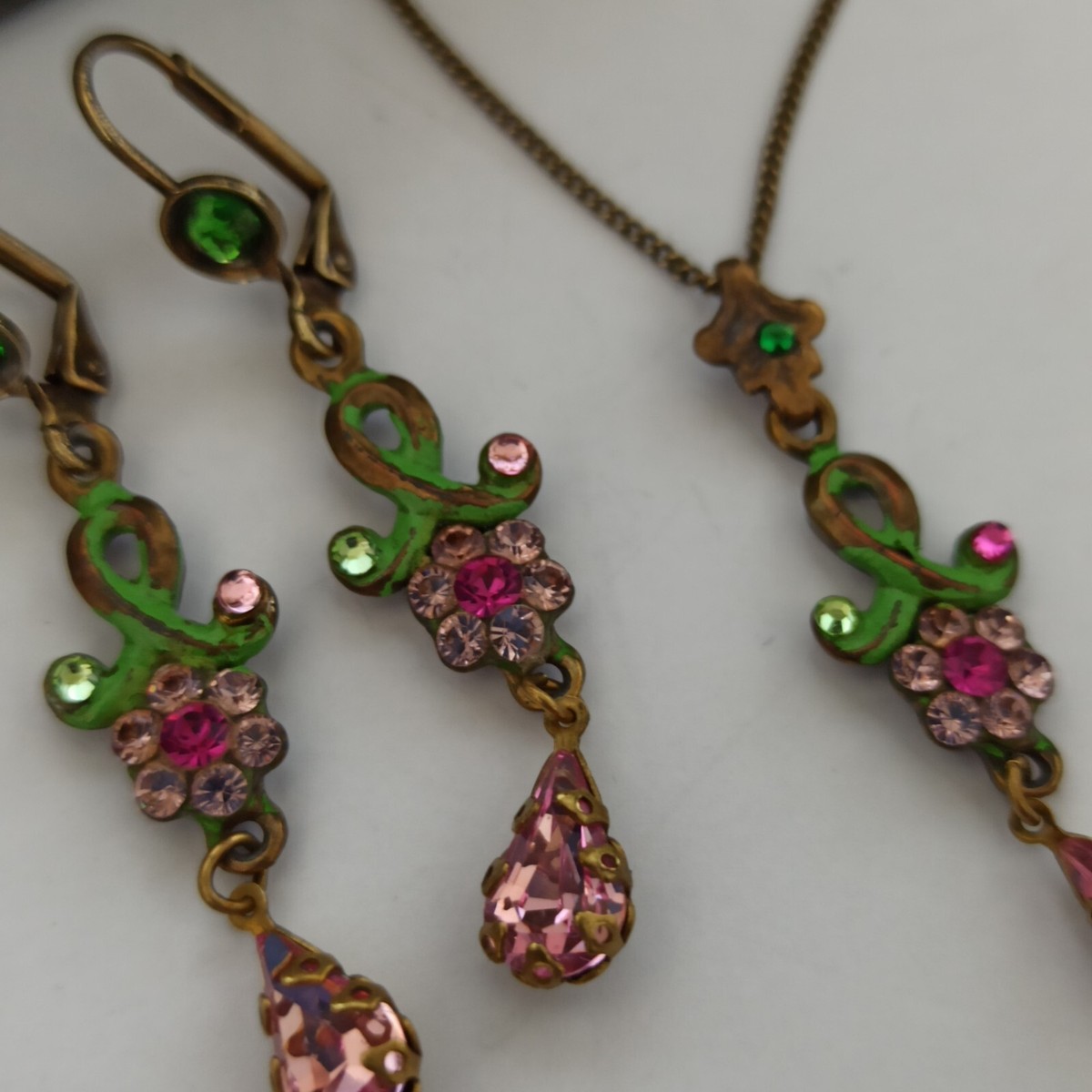 Michal Negrin Set Necklace Earrings Pink Romantic Crystals Enamel 