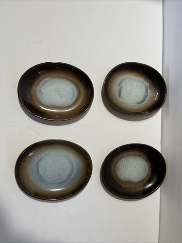Peter Pots Pottery Stoneware Blue Brown Oval Plates 5 3/4” Signed Set of 4 MCM