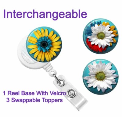 Badge Reel Holder 3 Interchangeable Toppers with Daisies Hook and Loop, S3