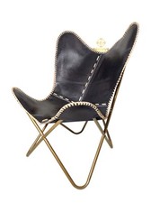 Butterfly Chair Hand Stitching Leather Chair With Iron Openable Stand Golden