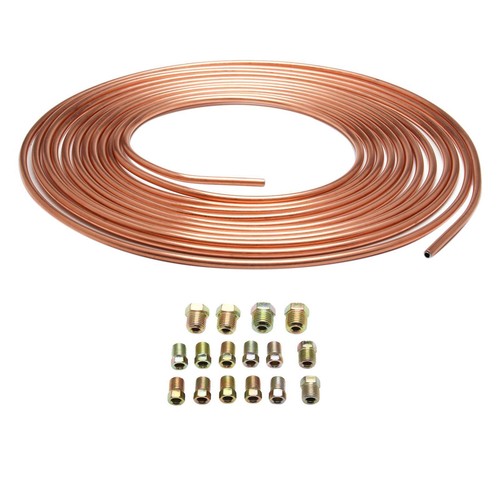 25-Foot Brake Line Tubing Kit With 32 Fittings – 1/4" & 3/16" Iron-Plated Copper, Rust-Resistant