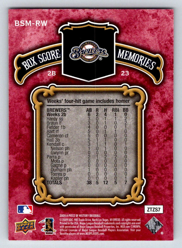 2009 UD A Piece of History Red #BSMRW Rickie Weeks 75 (ref 192524) - Image 2 of 2