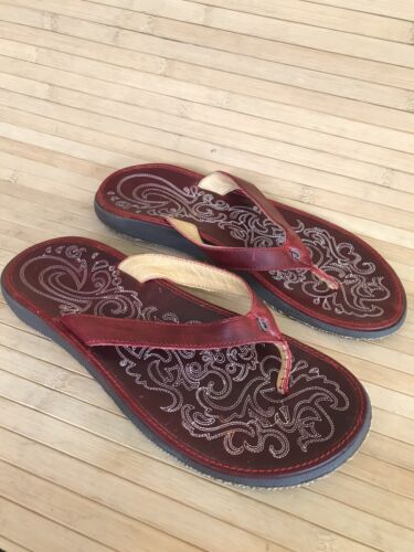Olukai Paniolo Women's Size 10 Red Stitched Leather Flip Flops Sandals