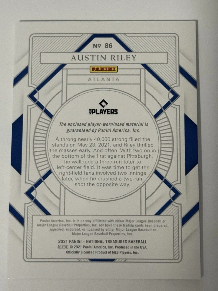 2021 Panini National Treasures Austin Riley /8 Jersey Button #86 Atlanta Braves - Image 3 of 3