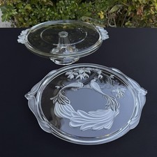 VTG Mikasa Walther Crystal West Germany 2pc Serving Set Peacock Tray Cake Stand