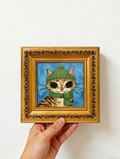 Tabby Cat In Green Knit Beanie And Scarf Original Oil Painting Custom from photo