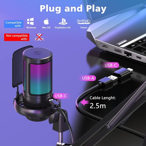 Gaming Mikrofon PC mit Arm USB Microphone für MAC PS4 PS5 Popfilter RGB Mikrofon - Afbeelding 4 van 12