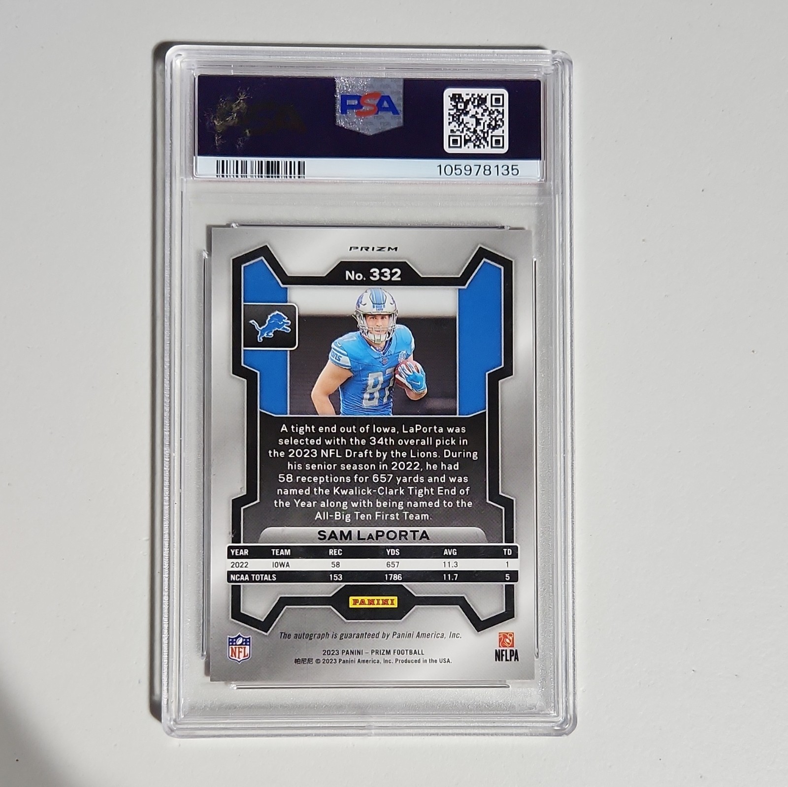 Panini 2023 Prizm Sam LaPorta #332 Pink Prizm Auto PSA 10 RC Lions /10 view 2