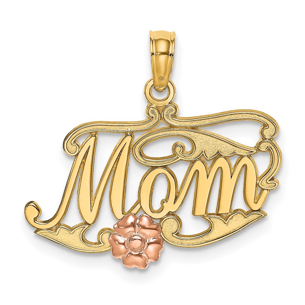 14k Two-tone Gold MOM Script with Flower Charm Pendant 1.23gm L-17.7 mm