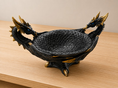 Double Dragon Bowl Black Gold Fantasy Decorative Dish