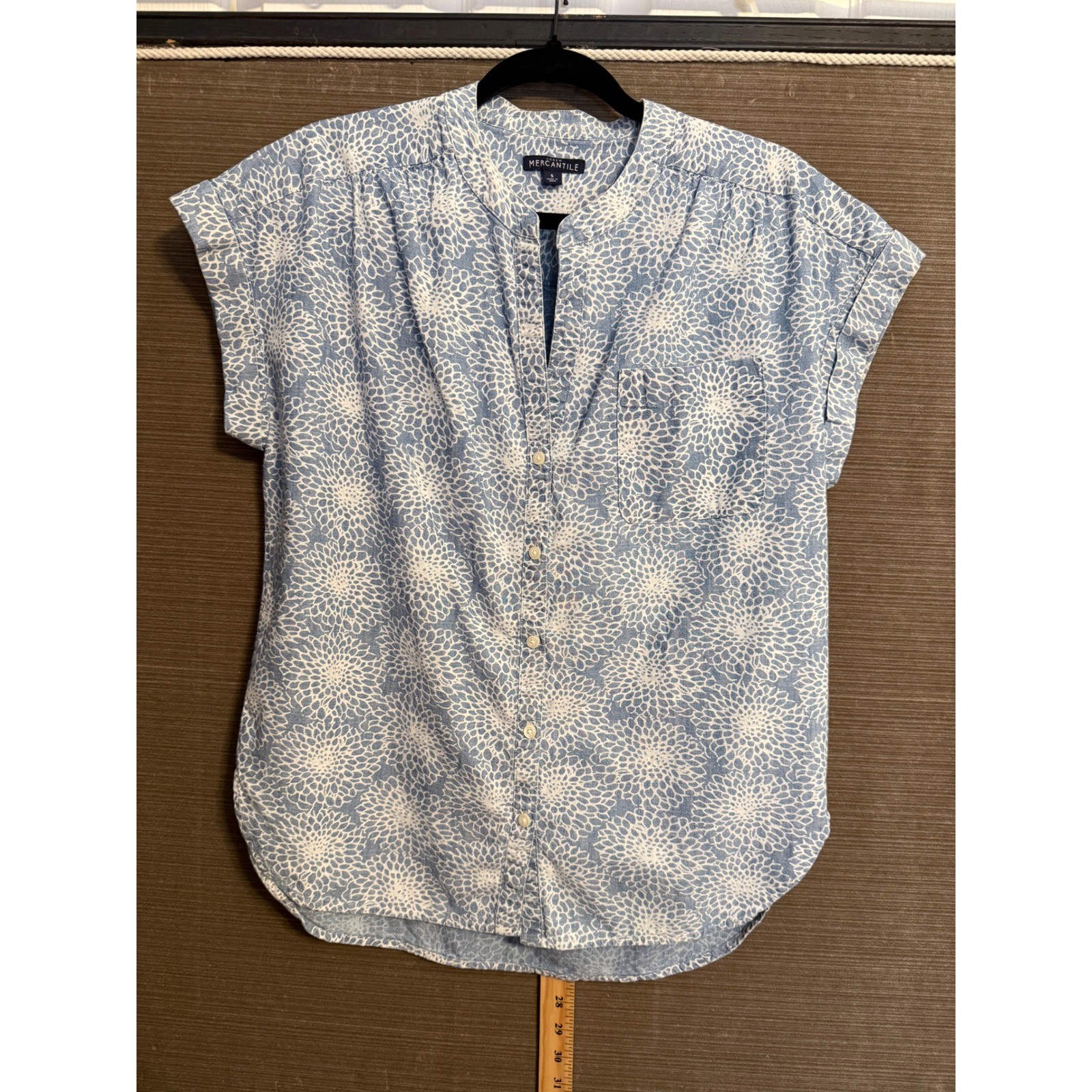 J.Crew Mercantile Womens Blue Floral Cotton Band Collar Button Down Shirt Small