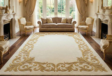 Hand Tufted Wool Area Rug Ivory Gold Floral Rug, Large Luxury Living Room Carpet