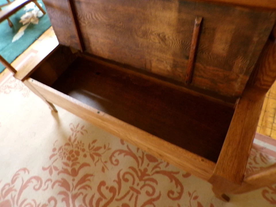 Antiguo banco de roble tallas ornamentadas #2 asiento elevador almacenamiento 53" largo repintado Foto 4 de 4