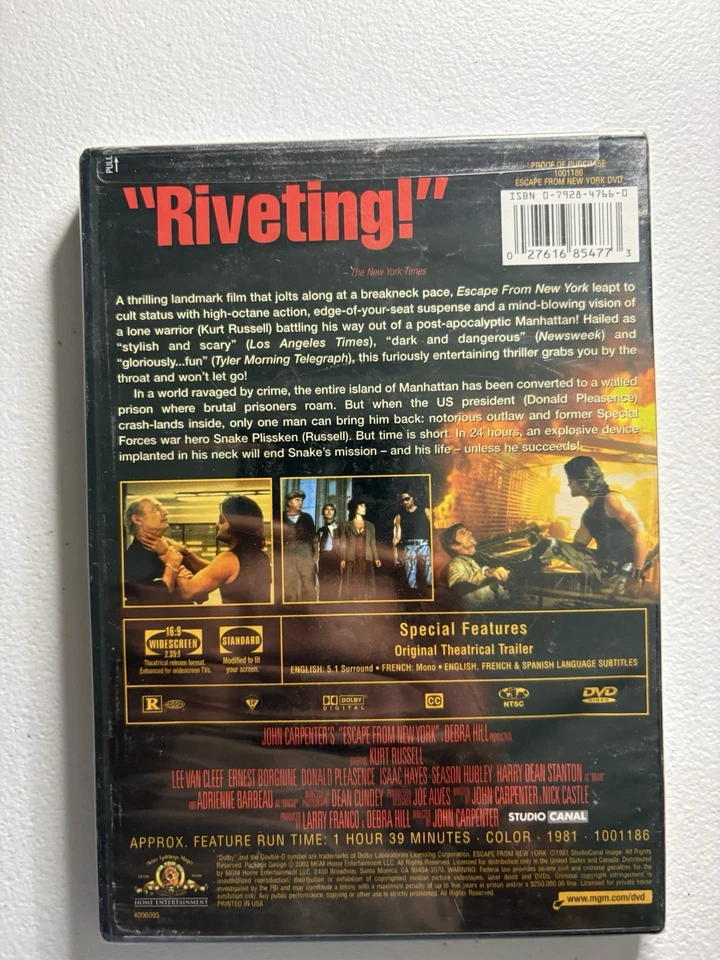 Escape from New York (DVD, 2003) Brand New NTSC ( Kurt Russell) Sealed - Image 2 of 2
