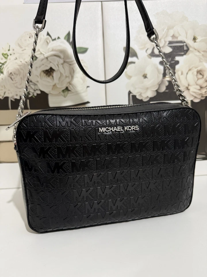 Women’s Michael Kors Black Leather MK Monogram  Crossbody Bag Silver Chain Strap, photo 2 of 5