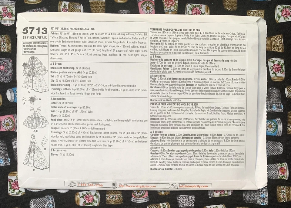 *OOP* Simplicity #5713 Doll Museum Collection Pattern for 11 1/2” fashion dolls - Image 2 of 3