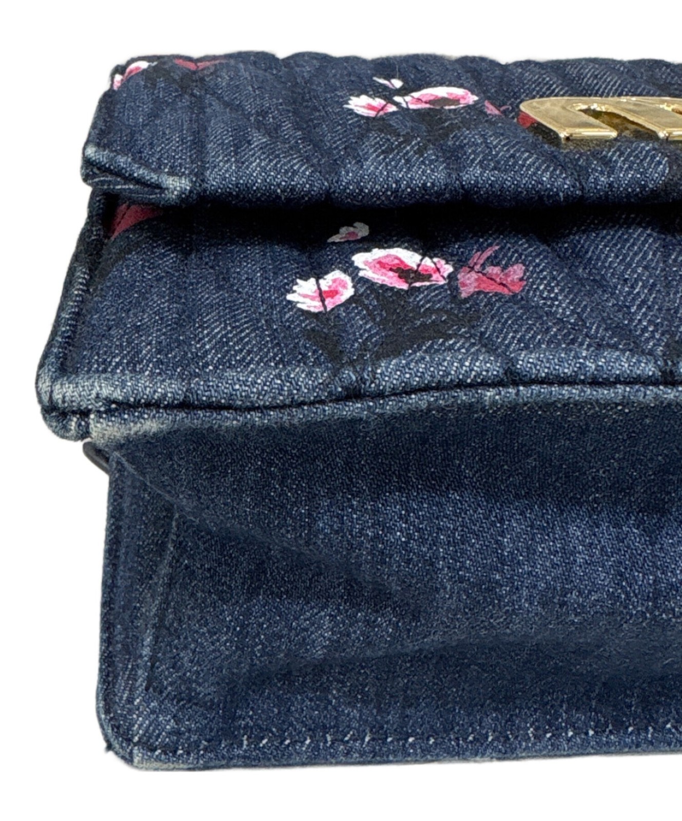 Miu Miu Floral Denim Shoulder Bag Indigo Leather Strap Gold Auth image 7