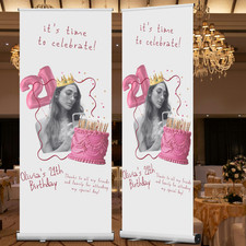 Pink  Gold Birthday Retractable Roll Up Banner Stand - 33" x 81"