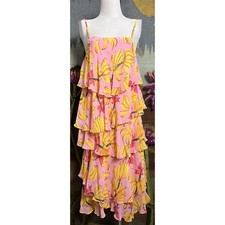 Farm Rio Irregular Pink Banana Tiered Ruffle Midi Dress M
