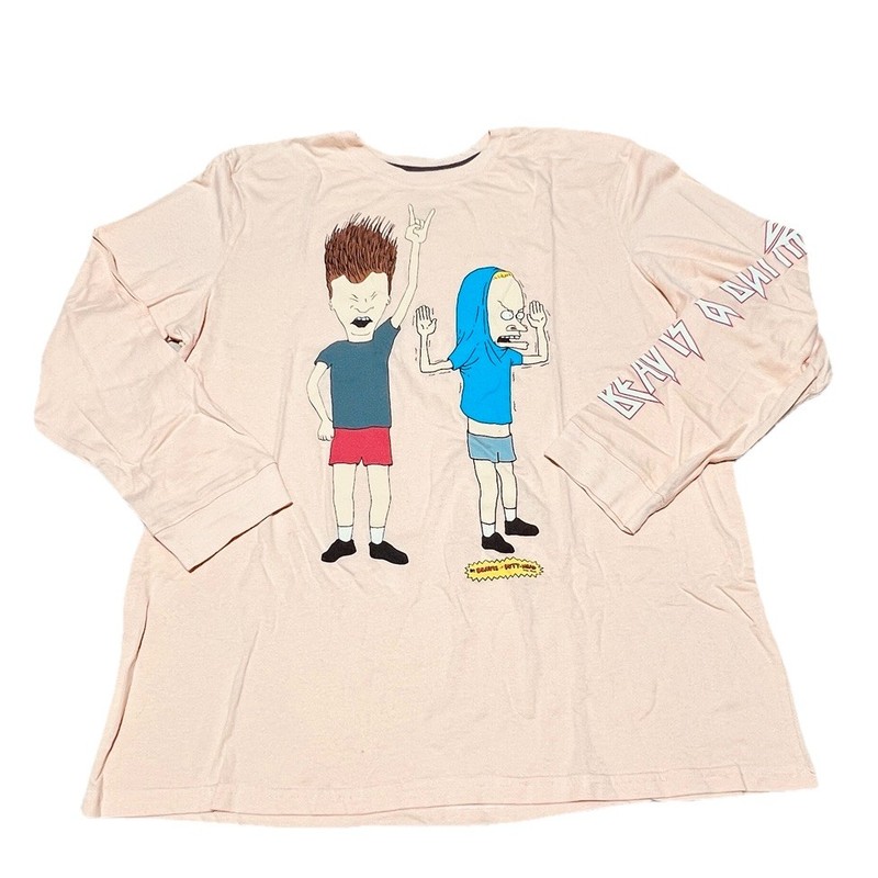 Beavis and Butt-Head Shirt Men Sz 2XL Peach Long Sleeve Graphic MTV Cartoon Tee
