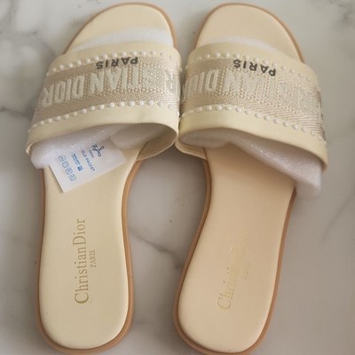 Christian Dior Logo Beige Embroidered Slide Sandals Women s US 36 5.5 EU 38 /40