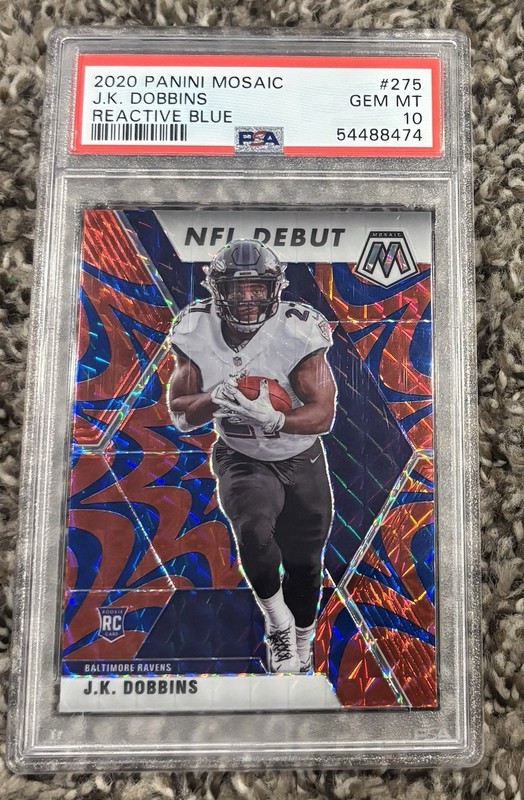 JK Dobbins 2020 Panini Mosaic NFL Debut Blue Reactive Prizm PSA 10 Rookie Ravens