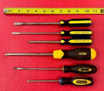 Vintage STANLEY 6 PC Flat & Philips Screwdriver Set Yellow & Black Handle USA