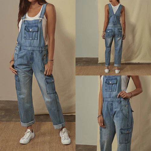 Jeans tuta vintage sciolta jumpsuit denim pantaloni tuta in denim con cinghie DE - Foto 1 di 9