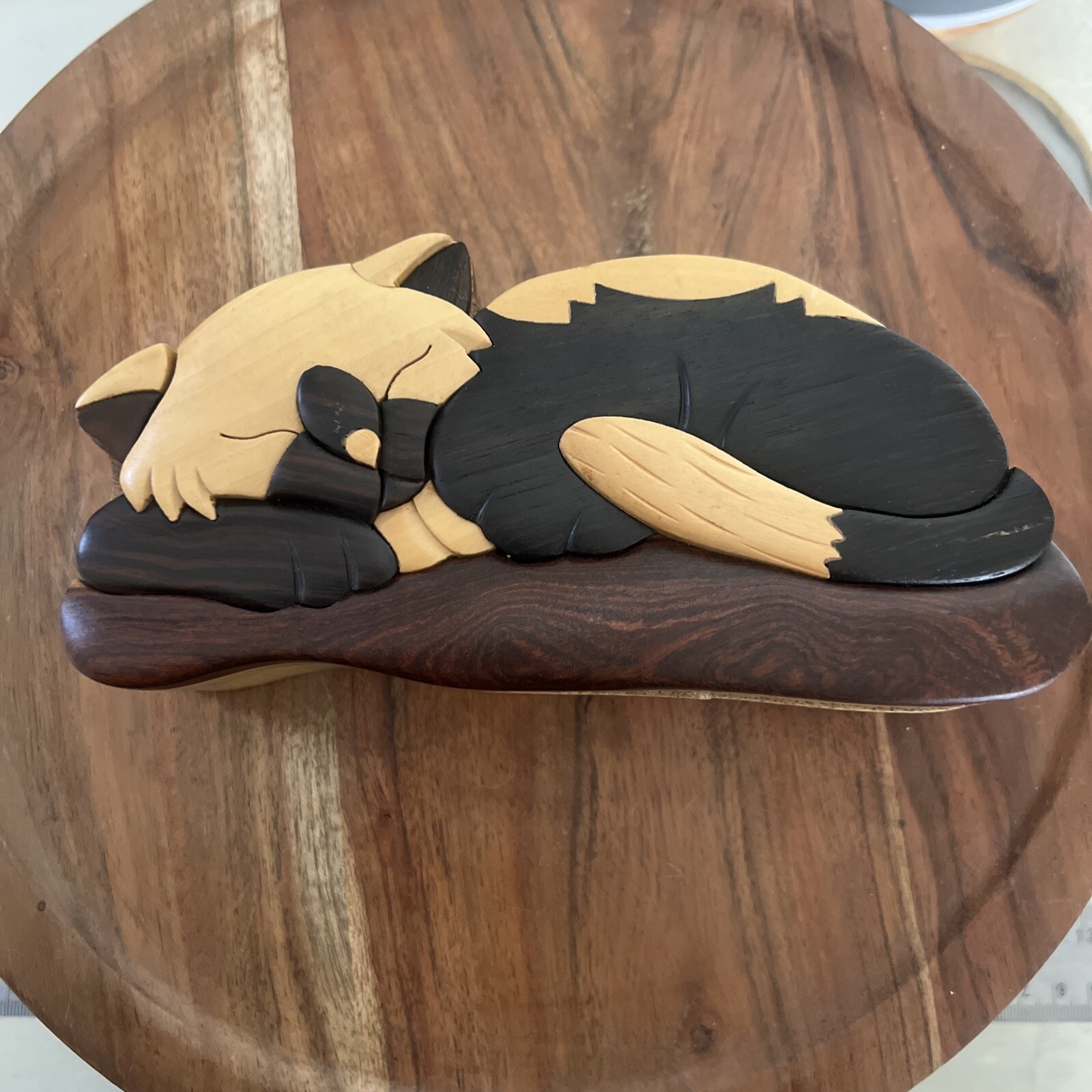 Vtg Wooden Sleeping Cat Puzzle with Secret Compartment Stash Jewelry Trinket Box