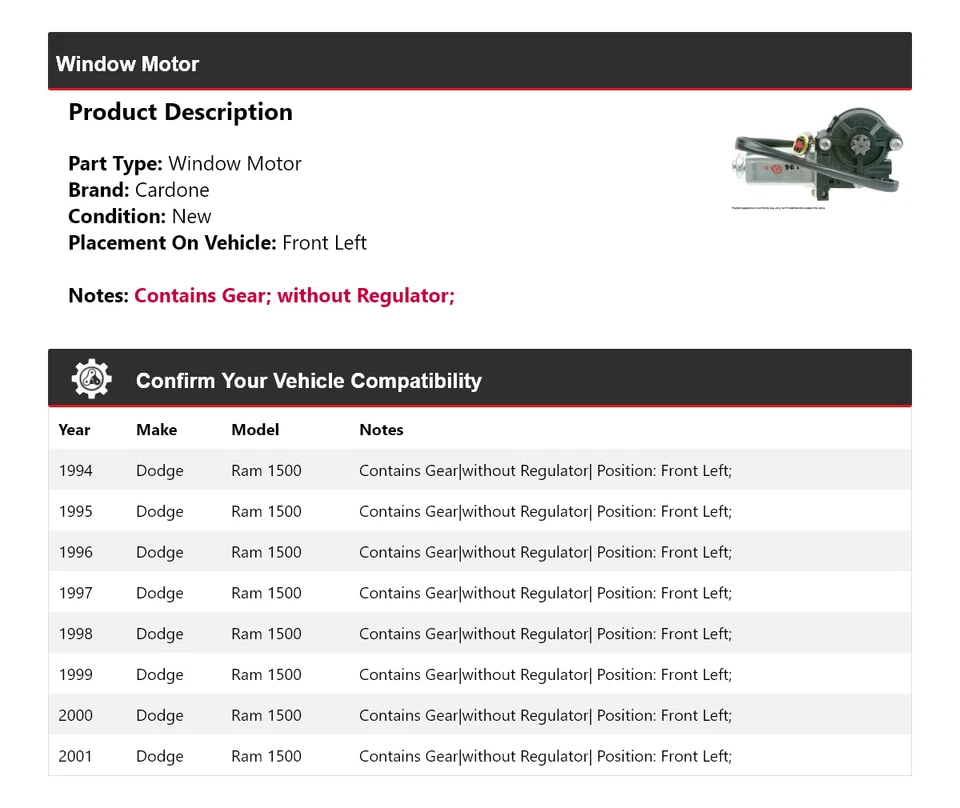 Para Dodge Ram 1500 1994-2001 Motor Ventana Delantero Izquierdo Cardone 1995 1996 1997 1998 Foto 2 de 4