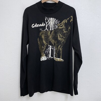 Vintage Colorado Howling Golden Wolf Tee Black T-Shirt Long Sleeve Size Large