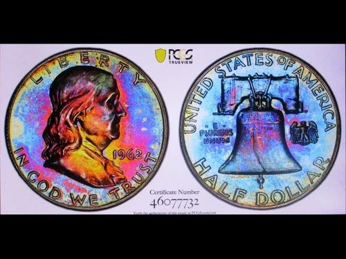 1962 FRANKLIN HALF PF64  DUAL TONED MONSTER NEON CHROMATIC  EYE CANDY PCGS/GS PQ