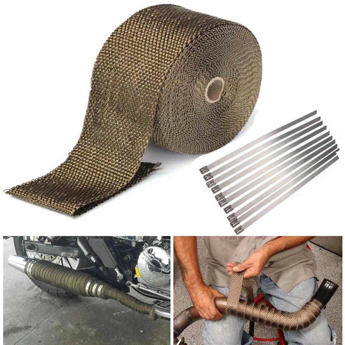 20M Titanium Gold Heat Wrap Tape Exhaust Insulating Downpipe Manifold 10 Ties