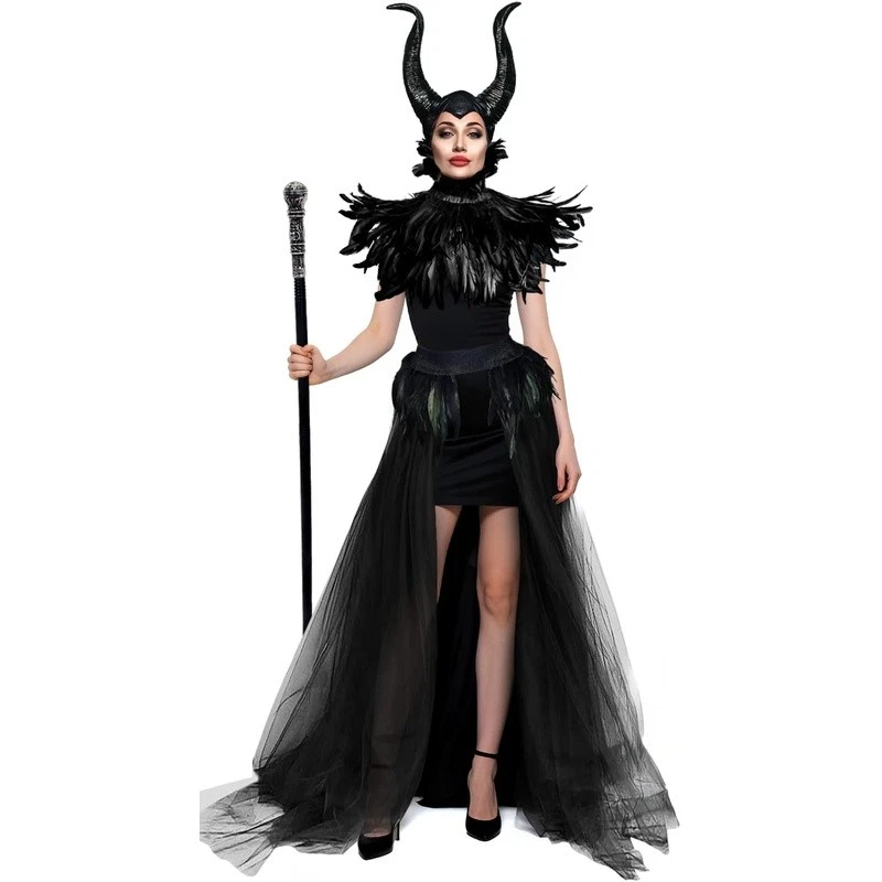 Delux Maleficent Costume Tulle Skirt Feather Cape Horns Halloween Outfit New - Image 2 of 4
