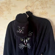 Vintage deadstock 90s Aegean Apparel black cat robe and slipper set OS NWT
