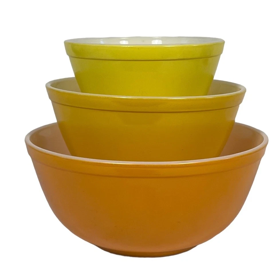 Pyrex Citrus Yellow Daisy Orange Vintage Glass Nesting Mixing Bowls RARE - Image 2 of 4