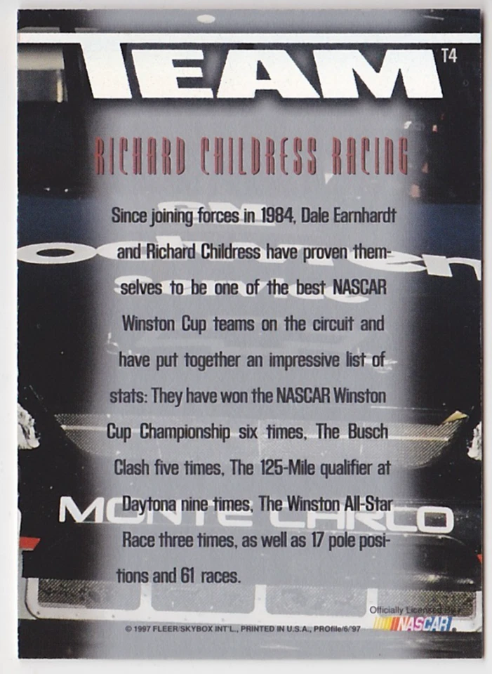 1997 Skybox Profile Team #T4 Dale Earnhardt Richard Childress Larry McReynolds - Image 2 of 2