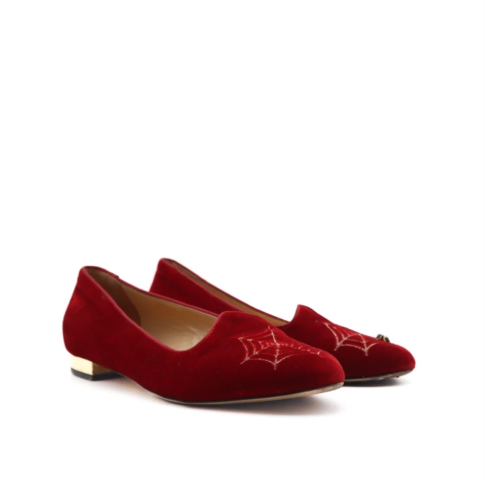 Mocasín Charlotte Olympia rojo terciopelo tela de araña plano talla 38,5 Foto 2 de 4