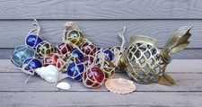 Glass Fishing Floats w/ Jute netting 2.5" Red, Blue, Amber Beach Nautical Decor