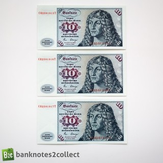GERMANY: 3 x 10 German Mark Banknotes with Consecutive Serial Numbers.