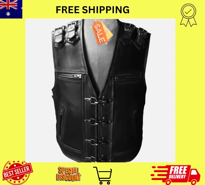 Men Real Cow Leather Bikers Vest Motorcycle Thick Leather Side Laces Vest AUS...