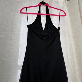 90s Y2K La Belle Wide Leg Halter Jumpsuit Black Mesh Ruched Vintage Goth Medium