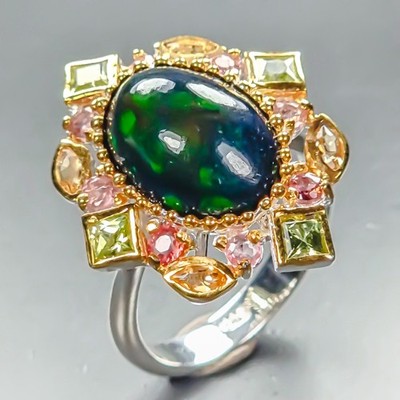 Super Top AAA+ 4 ct+ Natural Black Opal Ring 925 Sterling Silver Size 8 /R464194